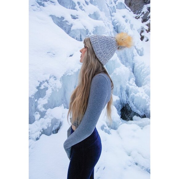 REAL FOX FUR Puff Beanie (Grey Marl) main image 13